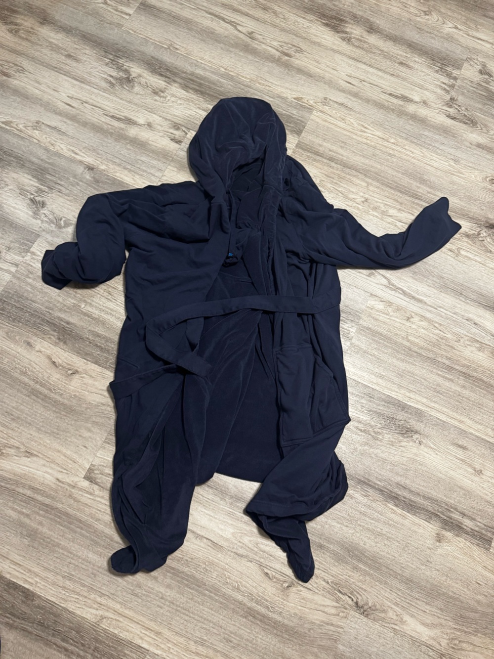 Navy Hooded “Dude robe” Wrap Robe with Belt.